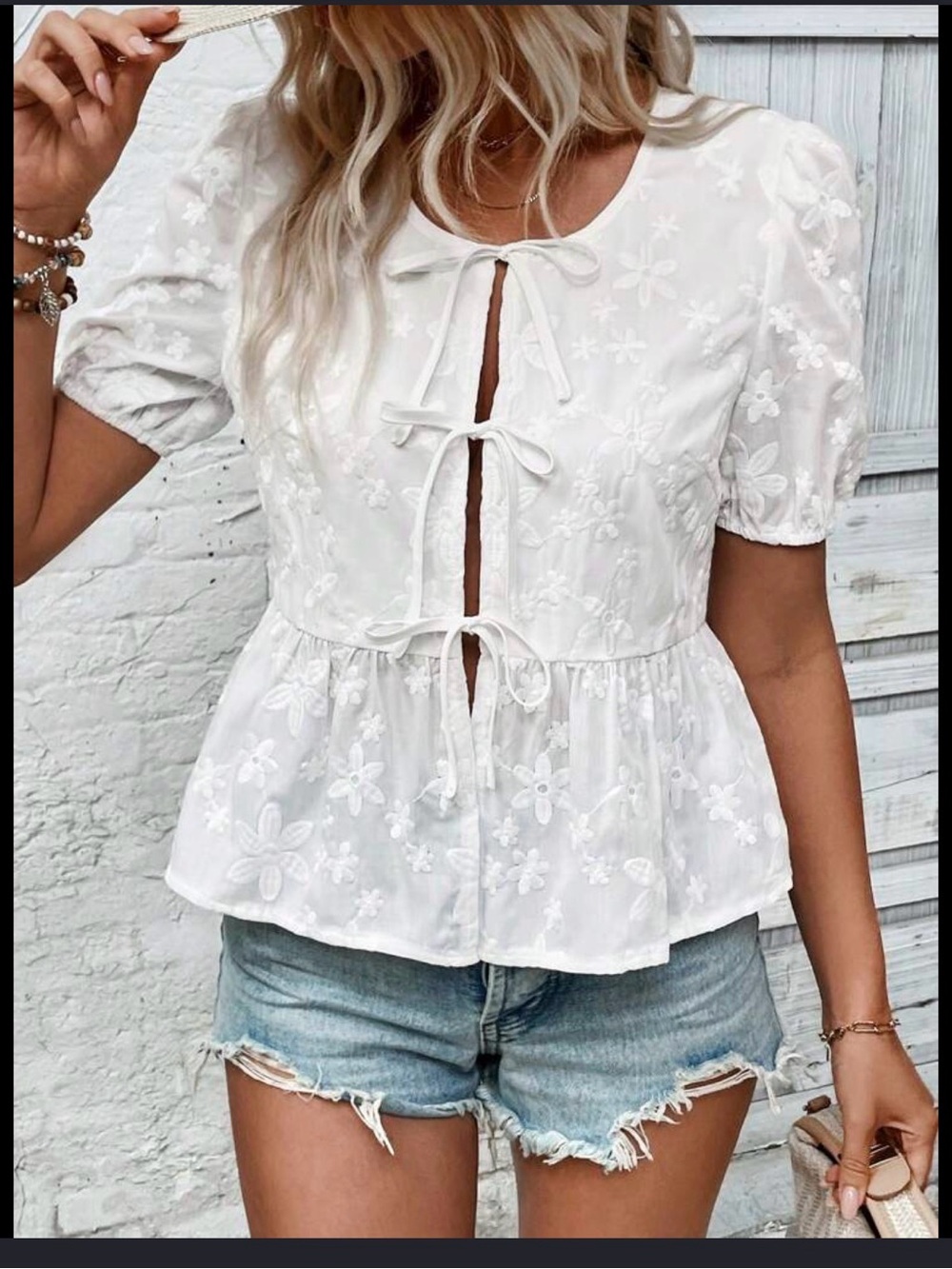 SHEIN Jacquard Tie Front Puff Sleeve Peplum Blouse Boho Chic / size Small